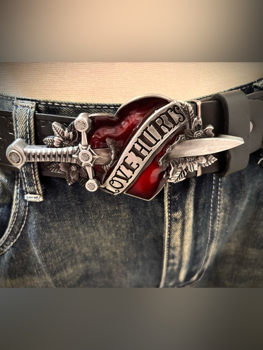 Black Men’s Belt with Red Accent Love Hurts Buckle. Size 42